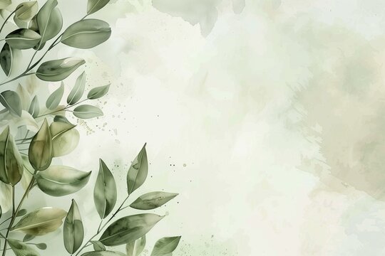 Pastel sage green background with soft botanical frame, light watercolor leaves in corners, fresh and earthy wedding invitation backdrop.