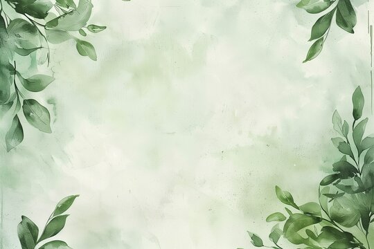 Pastel sage green background with soft botanical frame, light watercolor leaves in corners, fresh and earthy wedding invitation backdrop.