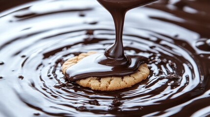 Drizzling Chocolate Sauce Over Cookie on Dark Surface