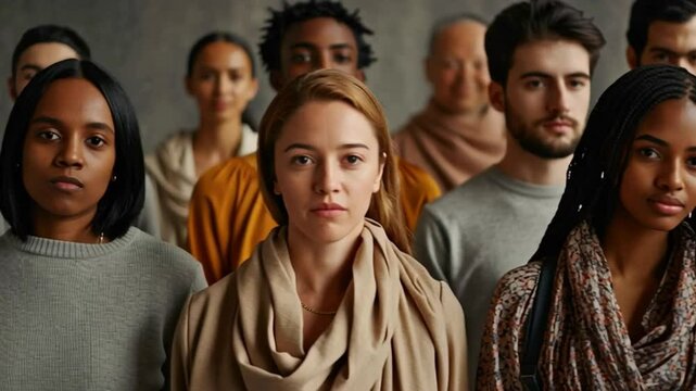 Diversity and Unity: A Powerful Ensemble: A compelling portrait of a diverse group of individuals, embodying unity and solidarity. Their focused gazes convey strength, resilience, and shared purpose.