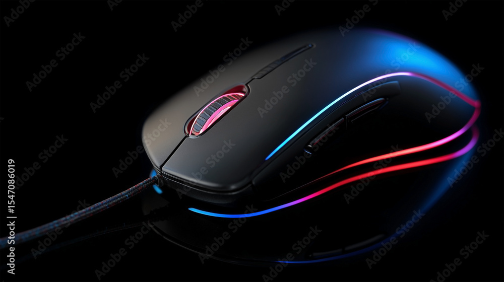 Poster a black computer mouse with a red and blue light on it
