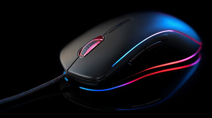 A black computer mouse with a red and blue light on it