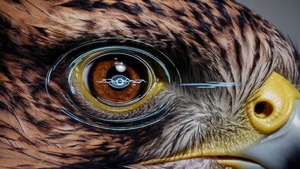 Close-up of a falcon eye with silver code streaks and rotating radar-like interface rings ultra detailed - Powered by Adobe