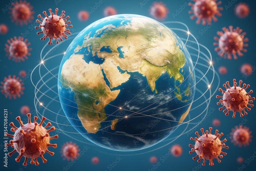 Poster Planet Earth surrounded by virus particles and data lines symbolizing global pandemic spread and scientific communication background. Ai generative.