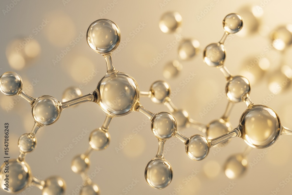 Poster transparent molecular structure with golden highlights on soft light background, representing scienc