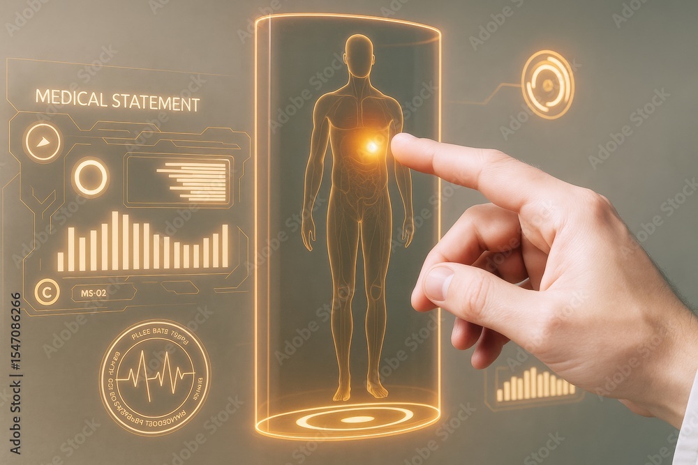 Poster futuristic medical interface with human body hologram and touch interaction on glowing digital healt