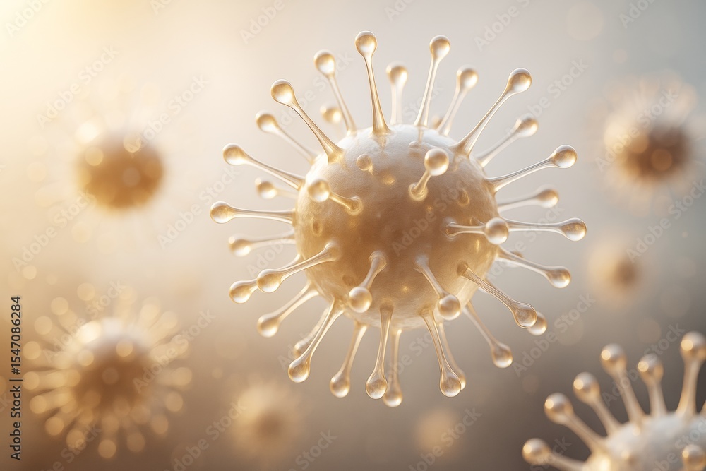 Poster Abstract virus cell structure with translucent spikes floating in light background, symbolizing microscopic biology and science concept.