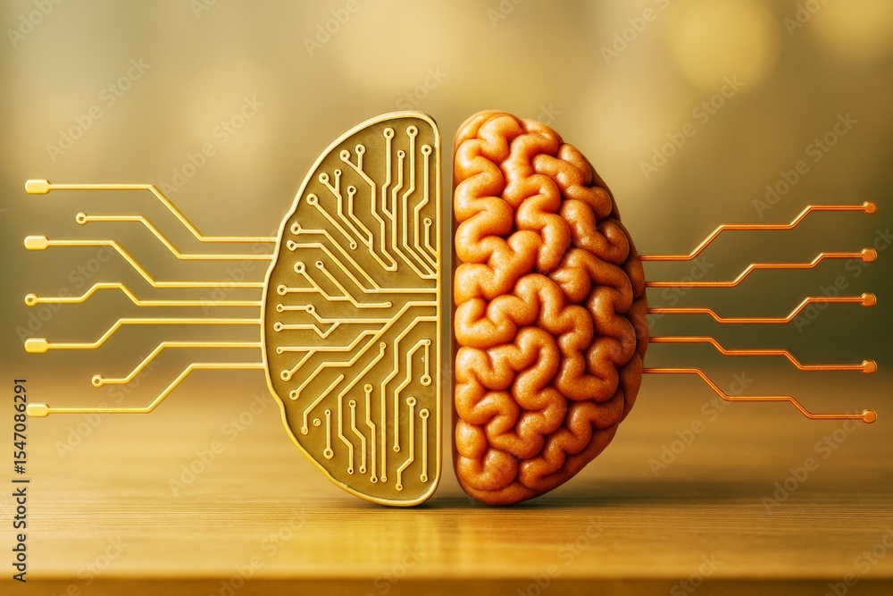 Poster half human brain and half digital circuit brain connected by neural lines on wooden surface with blu