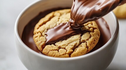 Cookie Dipped in Chocolate in a Small White Bowl on a Tabletop