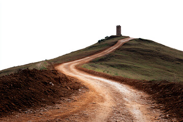 a dirt road going up a hill with a tower on top