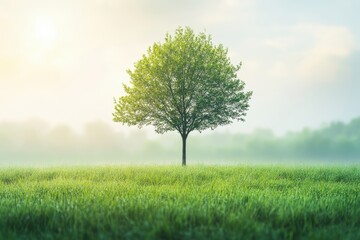 Fototapeta premium Single Tree in Misty Green Field Sunrise Peaceful Nature Scene sky calm view grass image photo rural