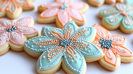 Colorful Flower-Shaped Cookies with Decorative Icing and Pearls