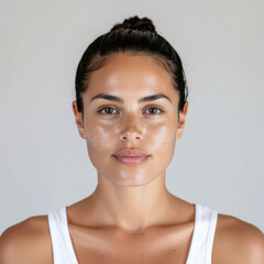 Natural beauty portrait of a Hispanic woman in a white tank top with hair slicked back
