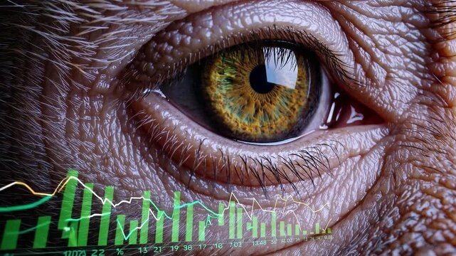 Close-up of a monkey's eye with dynamic yellow analytics graphs and binary rain