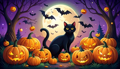 Spooky Halloween Night: Black Cat Among Jack-o'-lanterns Under a Full Moon