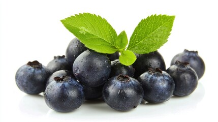 Fototapeta premium A pile of fresh blueberries with green leaves on a white background.