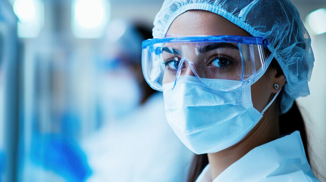 A healthcare worker in a blue surgical cap and mask, wearing gloves, standing in a hospital corridor.