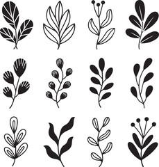 Black and white vector set of 10 hand-drawn abstract plant forms — simplified leaves and stems in flowing boho lines, perfect for modern decor and art, isolated on white (4)