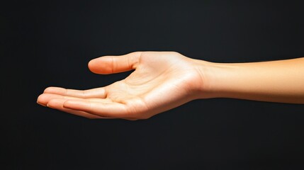 A human hand reaching out with a palm open, isolated on a black background.
