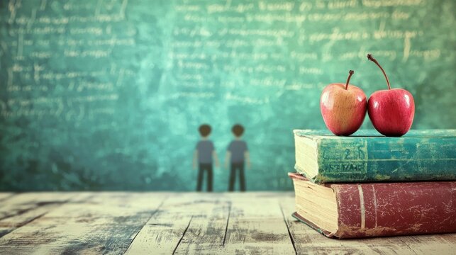 Two apples on a stack of books on a wooden table in front of a chalkboard with mathematical equations.