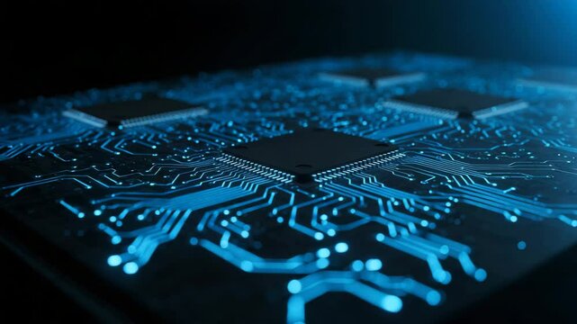 Circuit board with microchips and glowing blue lines on black background  