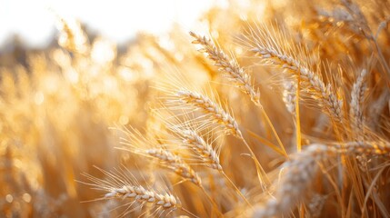A golden wheat field with sunlight shining through the ears.