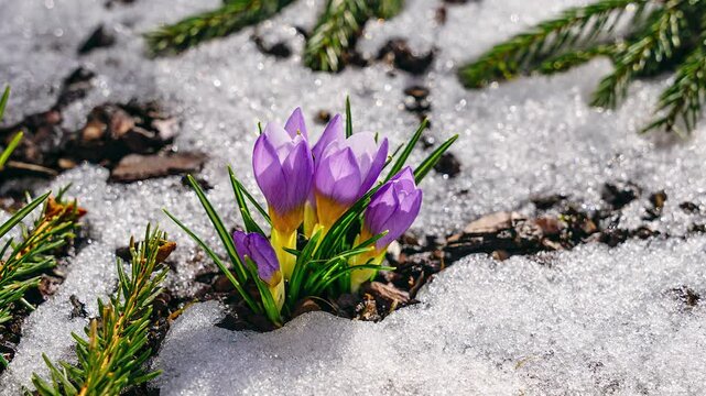 Full day timelapse of small violet crocus flower blooming through melting snow in early spring sun. Thaw in winter from day till dusk. Flower close up.
