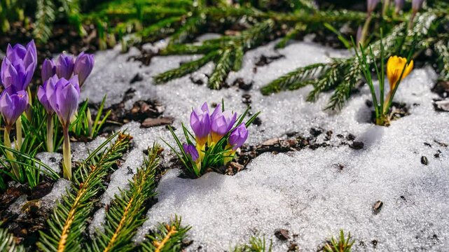 Full day timelapse with small crocus flowers blooming through melting snow in early spring sun. Garden bloom from daylight to dusk.