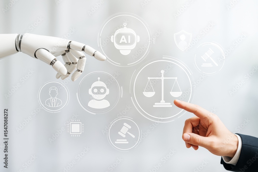 Poster robot and human hands reaching toward digital law and ai icons on futuristic interface on light tech