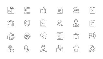 Approve and checkmark line editable icon set. Big set of approval related line icons. Accept, confirm, checkmark, ok etc. Vector illustration. 