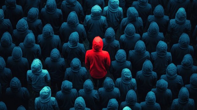 A red hooded figure standing out from a crowd of blue hooded figures in a dark, shadowy environment.