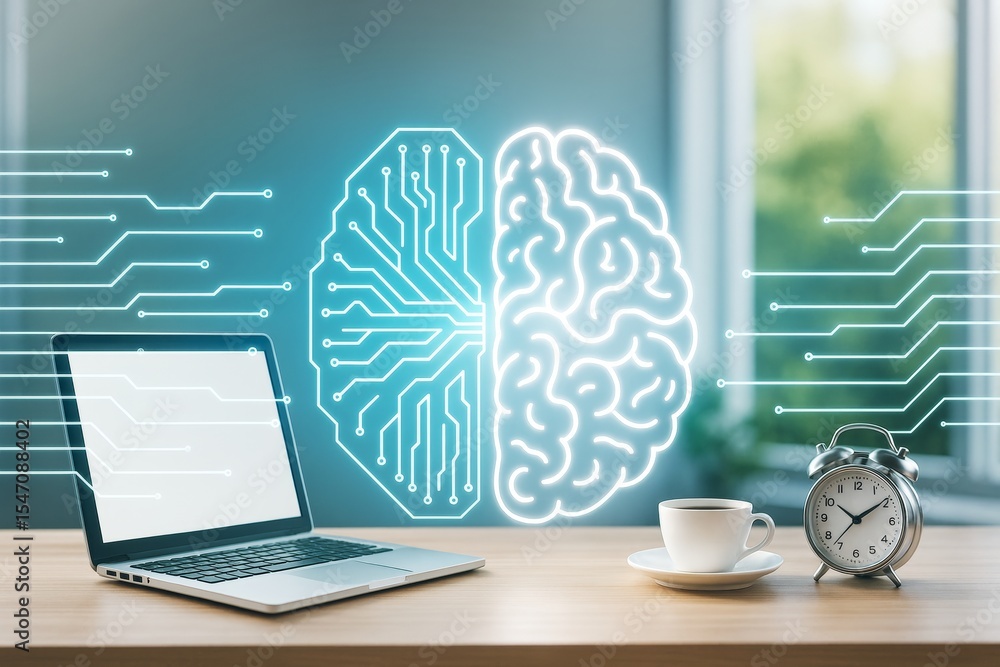 Poster Artificial intelligence brain with digital circuits near laptop, coffee cup, and alarm clock on desk in modern tech workspace with bright light background.