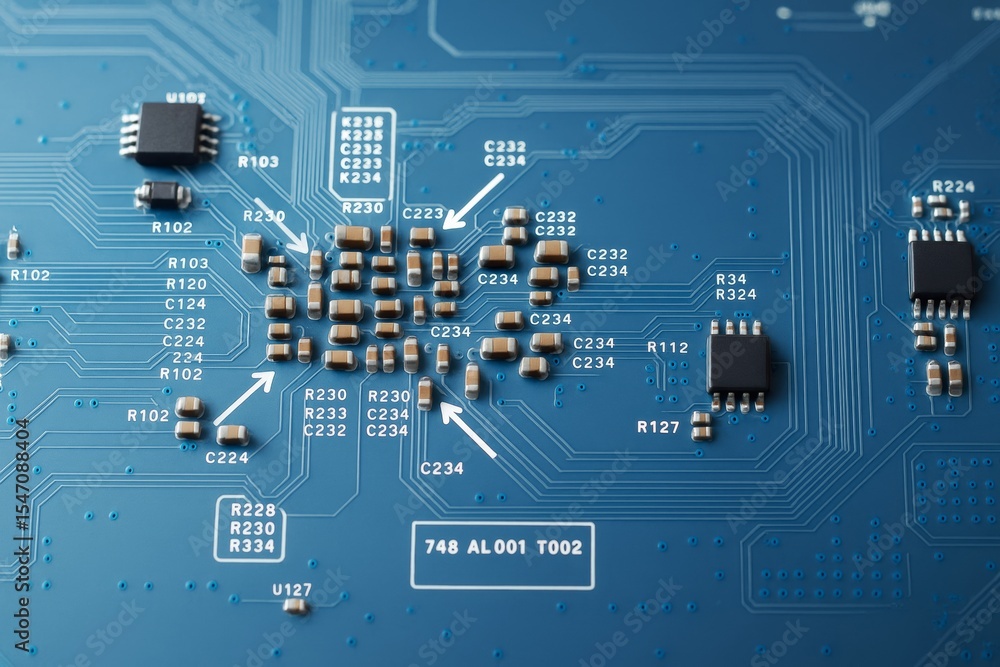 Poster close-up view of electronic circuit board with microchips and components on blue background, highlig