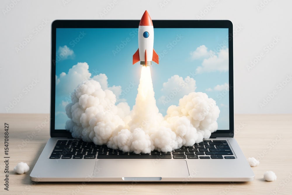 Poster rocket launching from laptop screen with clouds, symbolizing startup success and innovation on light