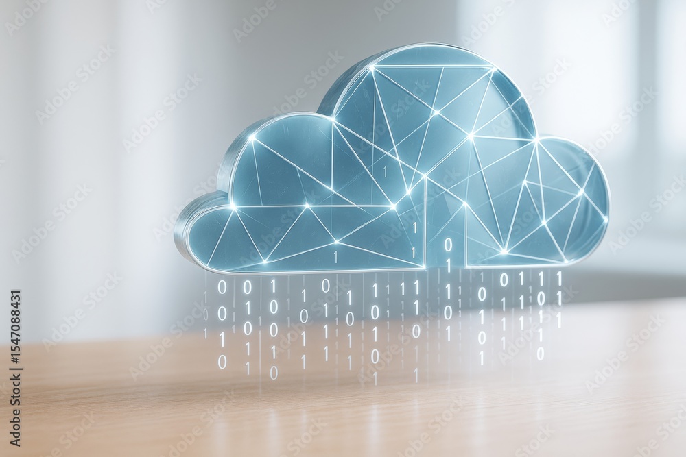 Aufkleber Futuristic digital cloud icon with glowing lines and binary code on a light tech background representing abstract technology and data flow concept.