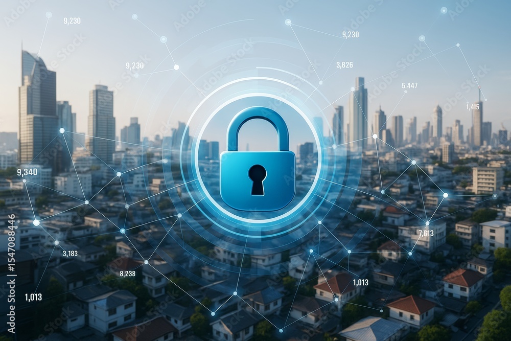Poster cybersecurity lock icon over smart city skyline with digital connections and data points on light bl