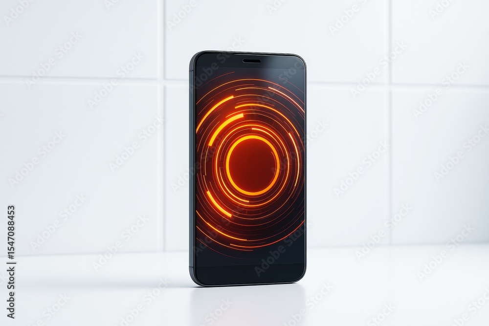 Poster futuristic smartphone displaying glowing red concentric digital rings on screen standing upright on 