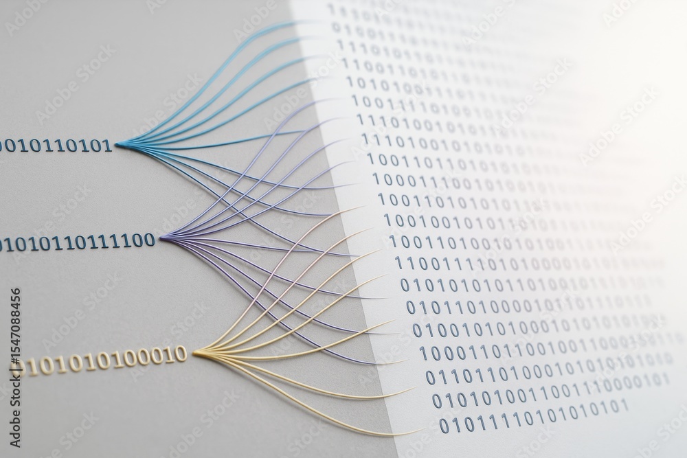 Aufkleber Abstract concept image showing binary code transformation with colorful data lines on a light background symbolizing digital technology flow network.