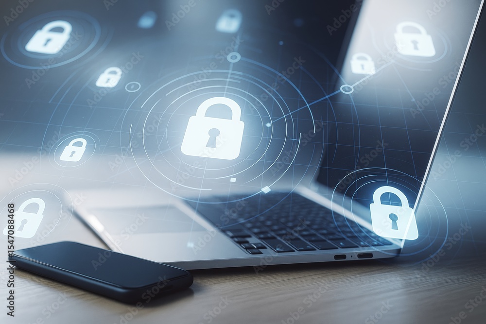 Poster Cybersecurity concept with laptop, smartphone and digital lock icons over abstract light background symbolizing data protection and secure technology.