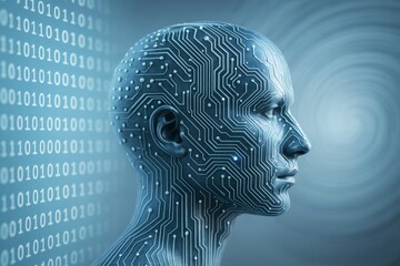 Futuristic human head with circuit patterns symbolizing artificial intelligence and digital technology on binary code background in blue tone.