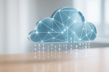 Futuristic digital cloud icon with glowing lines and binary code on a light tech background representing abstract technology and data flow concept.