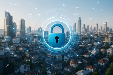 Cybersecurity lock icon over smart city skyline with digital connections and data points on light blue technology background concept illustration.