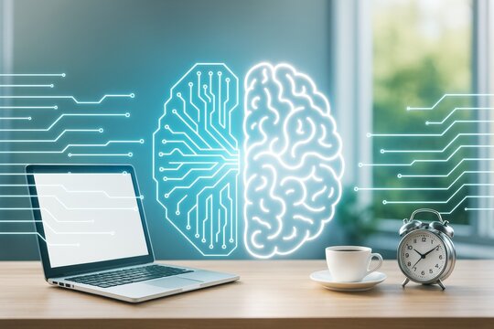Artificial intelligence brain with digital circuits near laptop, coffee cup, and alarm clock on desk in modern tech workspace with bright light background.