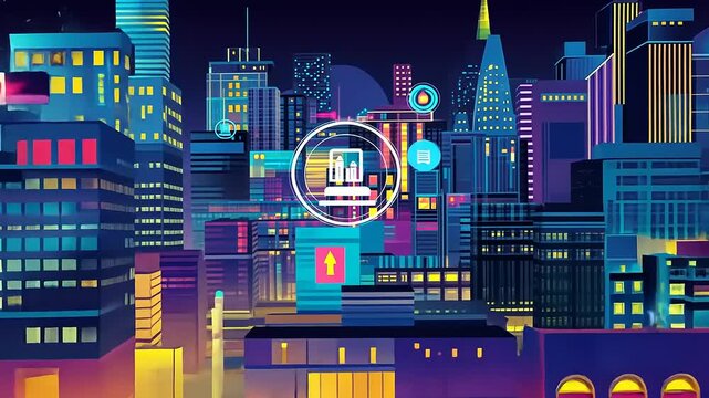 Vibrant city skyline at night featuring neon lights, modern architecture, and bustling urban life