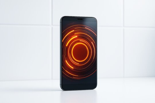 Futuristic smartphone displaying glowing red concentric digital rings on screen standing upright on white surface against tiled wall background.