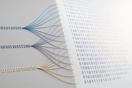 Abstract concept image showing binary code transformation with colorful data lines on a light background symbolizing digital technology flow network.