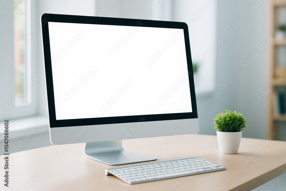 Aufkleber Modern desktop computer with blank screen on wooden table in bright office room, minimal workspace concept with copy space for design or promotion.