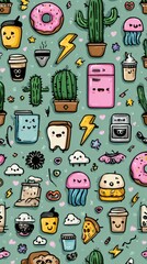 Kawaii Doodle Sticker Set: Minimalist Random Cute Elements with Pastel Background