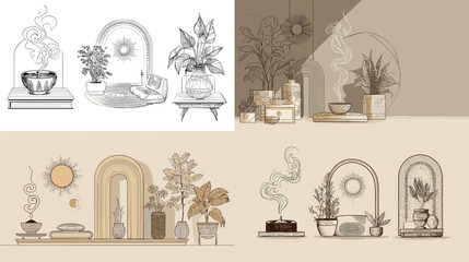 Elegant boho-style home decor illustrations with incense, plants, candles, and vases in neutral earthy tones, perfect for wellness, relaxation, and cozy interior themes.