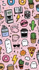 Kawaii Doodle Sticker Set: Minimalist Random Cute Elements with Pastel Background